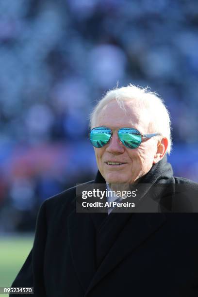 Owner Jerry Jones of the Dallas Cowboys in action against the New York Giants on December 10, 2017 at MetLife Stadium in East Rutherford, New Jersey....