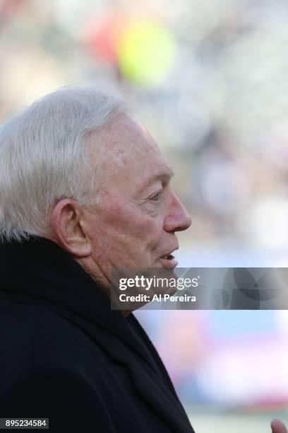 Owner Jerry Jones of the Dallas Cowboys in action against the New York Giants on December 10, 2017 at MetLife Stadium in East Rutherford, New Jersey....