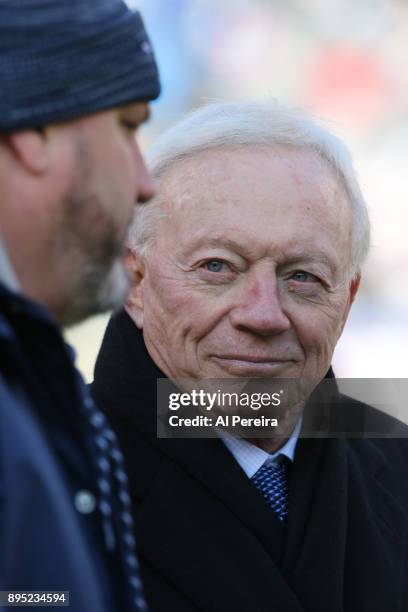 Owner Jerry Jones of the Dallas Cowboys in action against the New York Giants on December 10, 2017 at MetLife Stadium in East Rutherford, New Jersey....