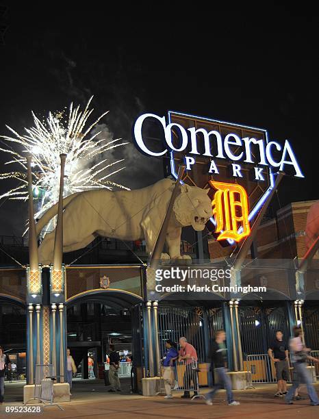 General view of the fireworks at Comerica Park after the game between the Detroit Tigers and the Chicago White Sox on July 24, 2009 in Detroit,...