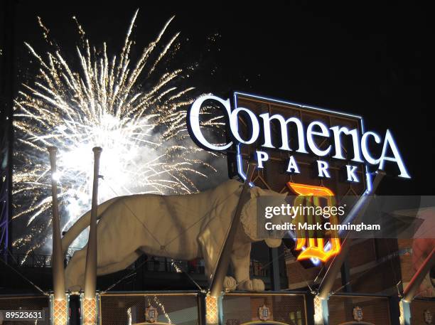 General view of the fireworks at Comerica Park after the game between the Detroit Tigers and the Chicago White Sox on July 24, 2009 in Detroit,...