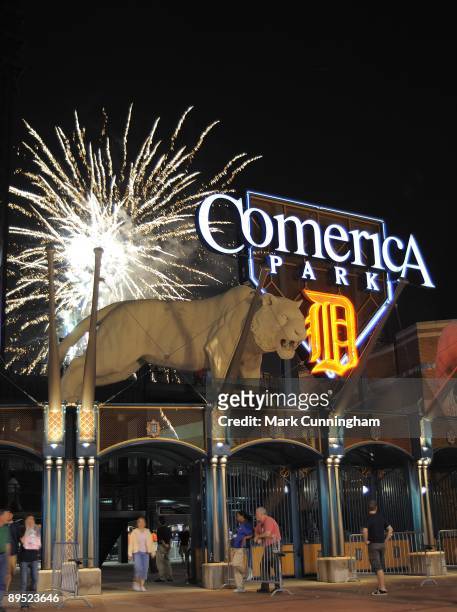 General view of the fireworks at Comerica Park after the game between the Detroit Tigers and the Chicago White Sox on July 24, 2009 in Detroit,...