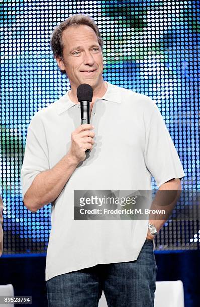 Mike Rowe of the television show 'Dirty Jobs' speaks during the Cable portion of the 2009 Summer Television Critics Association Press Tour at the...