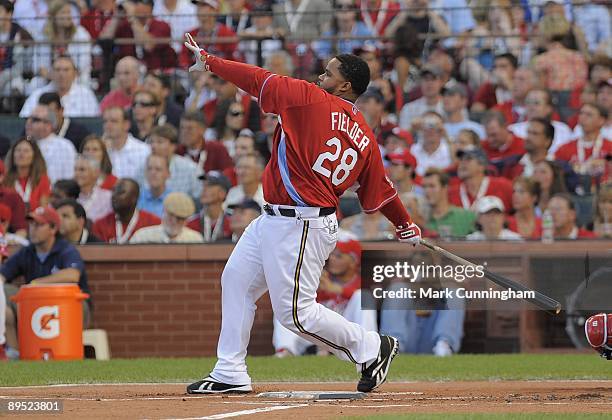 National League All-Star Prince Fielder of the Milwaukee Brewers competes in the 2009 State Farm Home Run Derby at Busch Stadium on July 13, 2009 in...