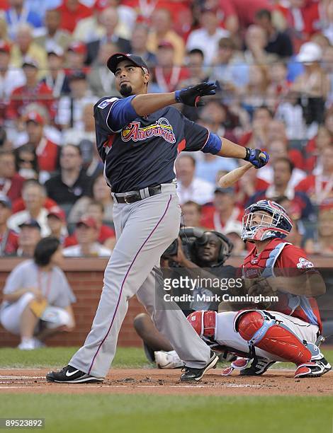 American League All-Star Nelson Cruz of the Texas Rangers competes in the 2009 State Farm Home Run Derby at Busch Stadium on July 13, 2009 in St...