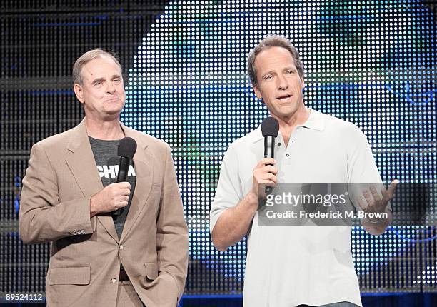 President and General Manager of Discovery Channel John Ford and Mike Rowe of the television show 'Dirty Jobs' speaks during the Cable portion of the...