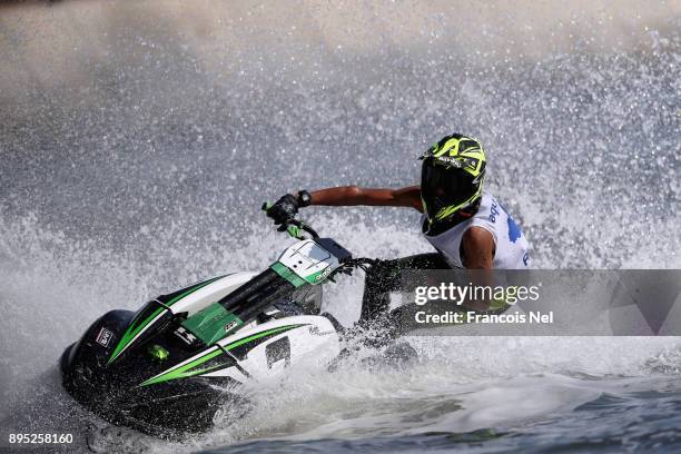 Salman Alwadi of UAE races in the Ski Division GP1 during the UIM-ABP Aquabike Class Pro Circuit - Grand Prix of Sharjah at Khalid Lagoon on December...