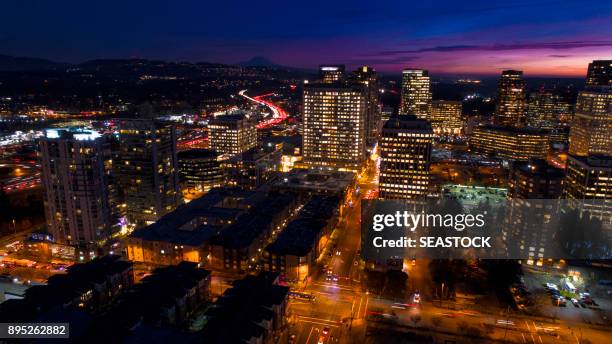 Bellevue Washington Vista aerea a Night City Skyline Mount Rainier Background