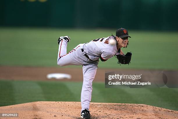 Tim Lincecum of the San Francisco Giants pitches during the game against the Oakland Athletics at the Oakland Coliseum on June 23, 2009 in Oakland,...