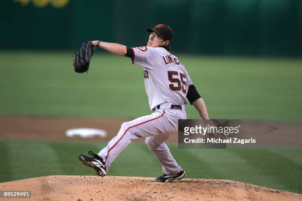 Tim Lincecum of the San Francisco Giants pitches during the game against the Oakland Athletics at the Oakland Coliseum on June 23, 2009 in Oakland,...
