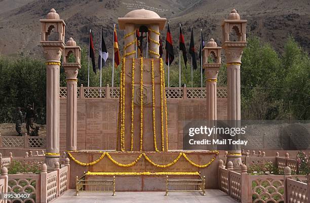This picture shows the Kargil war memorial in the backdrop of recaptured post of Tololing in Drass. July 26 is the tenth anniversary of the Kargil...