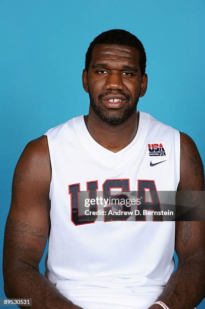 Greg Oden of the USA Men's National Basketball Team poses for a portrait during mini-camp on July 24, 2009 at Valley High School in Las Vegas,...