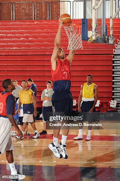 Brook Lopez of the USA Men's National Basketball Team dunks during practice in mini-camp on July 24, 2009 at Valley High School in Las Vegas, Nevada....