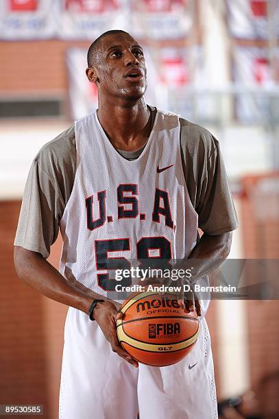 Thaddeus Young of the USA Men's National Basketball Team looks to shoot during mini-camp on July 24, 2009 at Valley High School in Las Vegas, Nevada....