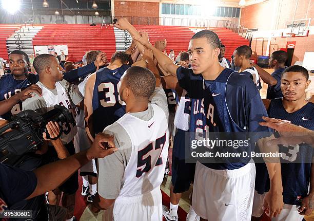 Men's National Basketball Team joins hands in a team huddle during mini-camp on July 24, 2009 at Valley High School in Las Vegas, Nevada. NOTE TO...