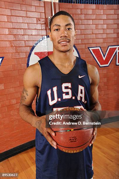 Derrick Rose of the USA Men's National Basketball Team poses for a photo during mini-camp on July 24, 2009 at Valley High School in Las Vegas,...