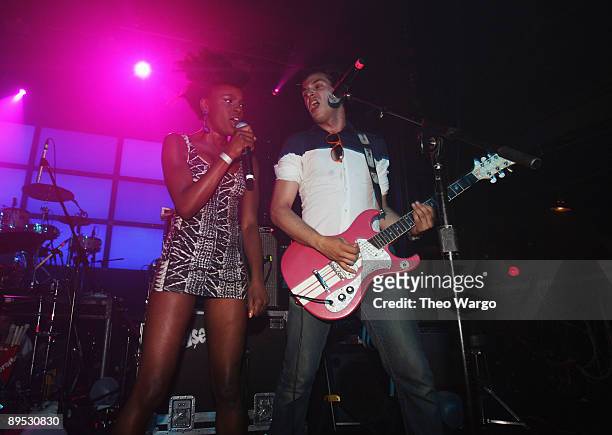 Singer Shingai Shoniwa and guitarist Dan Smith of the Noisettes perform on stage during the Diesel U Music 2009 NYC Tour at Webster Hall on July 30,...