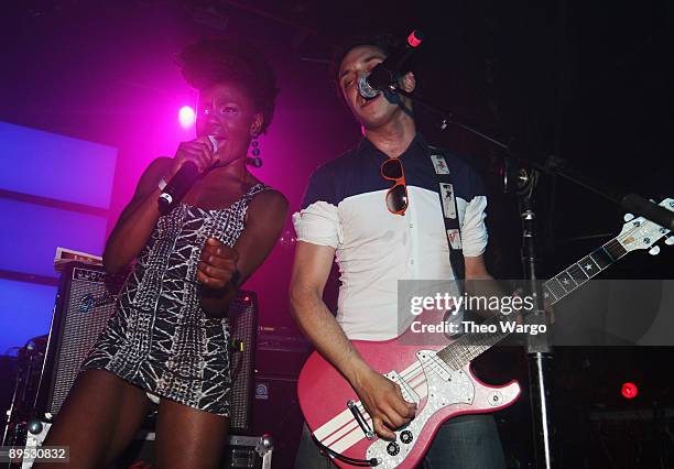 Singer Shingai Shoniwa and guitarist Dan Smith of the Noisettes perform on stage during the Diesel U Music 2009 NYC Tour at Webster Hall on July 30,...