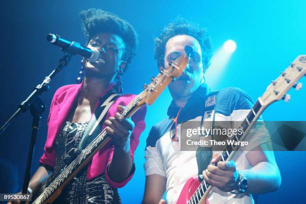 Musicians Shingai Shoniwa and Dan Smith of the Noisettes perform on stage during the Diesel U Music 2009 NYC Tour at Webster Hall on July 30, 2009 in...