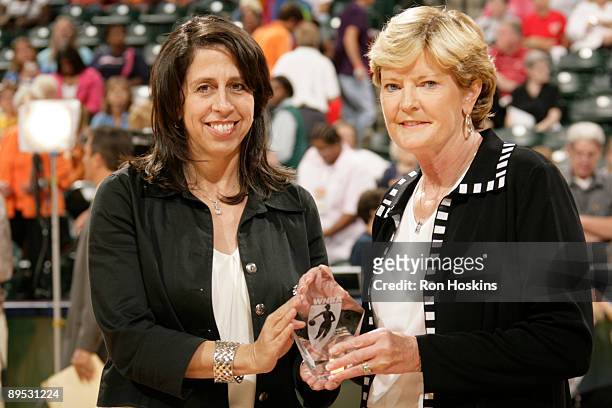 President Donna Orender presents the 2009 WNBA Inspring Coach Award to Tennessee women's head basketball coach Pat Summitt prior to the Indiana Fever...