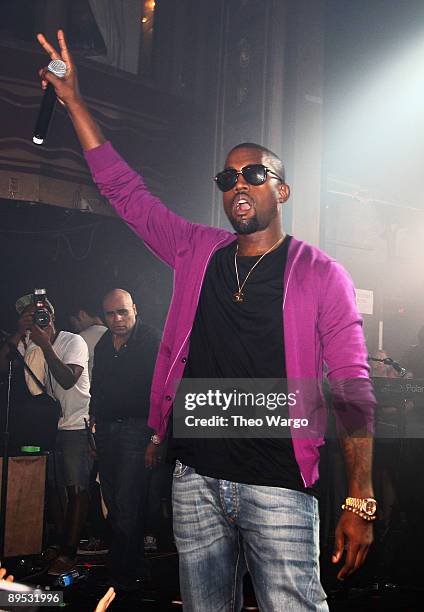 Rapper Kanye West performs with Clipse on stage during the Diesel U Music 2009 NYC Tour at Webster Hall on July 30, 2009 in New York City.