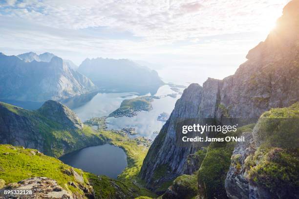 lofoten village riene viewed from surrounding mountain, lofoten, norway - norway - fotografias e filmes do acervo