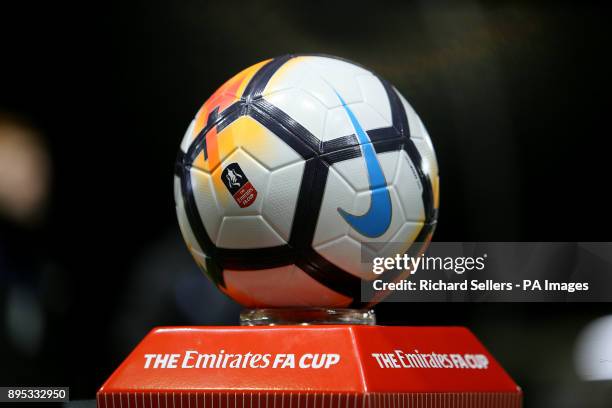 The match ball on display before the Emirates FA Cup second round match at Mill Farm, Flyde