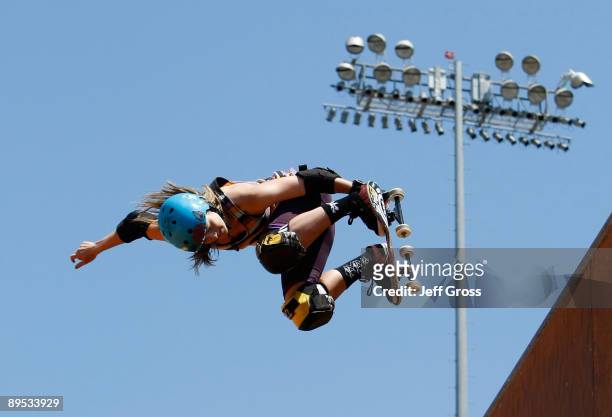 Karen Jonz competes in the women's skateboard vert final during X Games 15 at the Home Depot Center on July 30, 2009 in Carson, California.