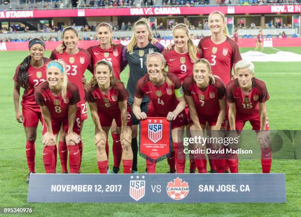 The United States Women's National Team starters pose for a team photo prior to an international friendly against Canada on November 12, 2017 at...