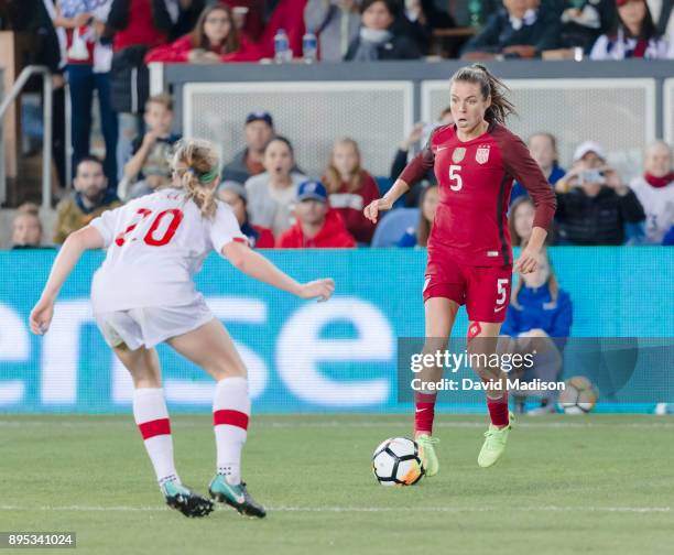 Kelley O'Hara of the USA plays in an international friendly against Canada on November 12, 2017 at Avaya Stadium in San Jose, California. Defending...