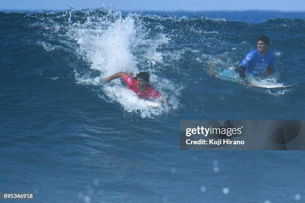 Jeremy Flores and Gabriel Medina compete in the 2017 Billabong Pipe Masters on December 18, 2017 in Pupukea, Hawaii.