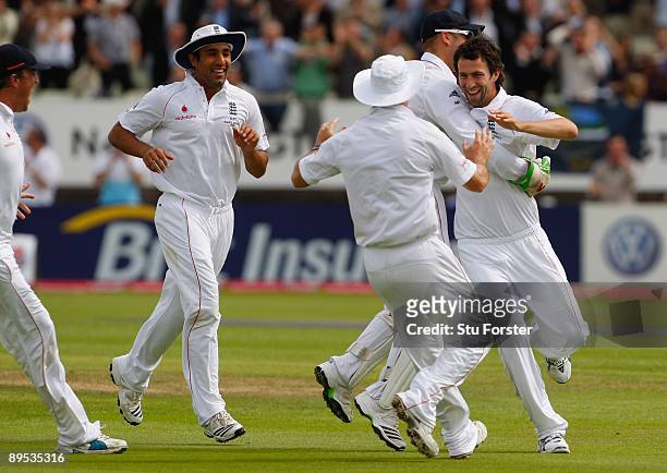England bowler Graham Onions celebrates taking the wicket of Australian batsman Shane Watson off the first ball of the day during day two of the...