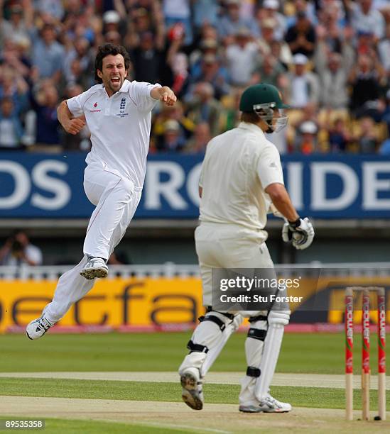 England bowler Graham Onions celebrates taking the wicket of Australian batsman Shane Watson off the first ball of the day during day two of the...