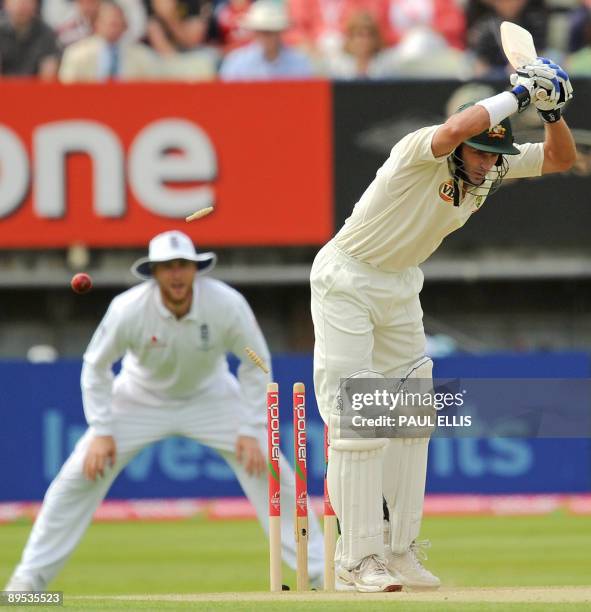 Australian batsman Mike Hussey is bolwed out by England bowler Graham Onions with the second ball of the day on the second day of the third Ashes...