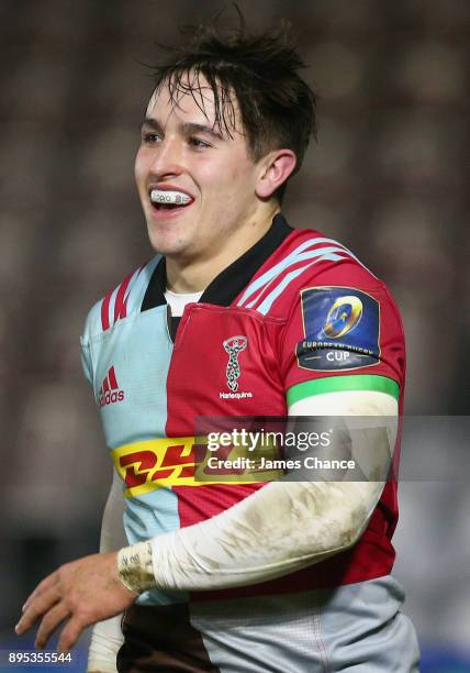 Cadan Murley of Harlequins A celebrates after scoring a try for his side during the Aviva A League match between Harlequins A and Bristol United at...
