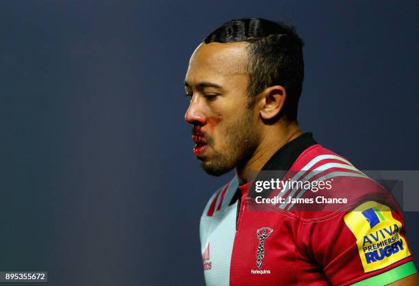 Conrad Burne of Harlequins A looks on during the Aviva A League match between Harlequins A and Bristol United at Twickenham Stoop on December 18,...