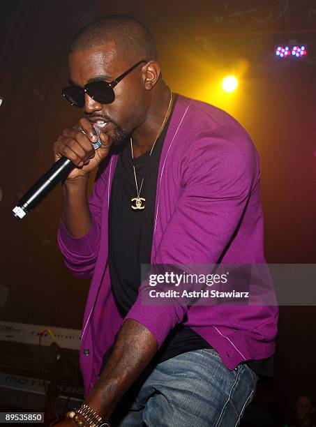 Rapper Kanye West performs with Clipse during the Diesel U Music 2009 NYC Tour at Webster Hall on July 30, 2009 in New York City.