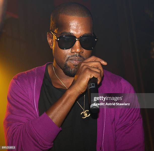 Rapper Kanye West performs with Clipse during the Diesel U Music 2009 NYC Tour at Webster Hall on July 30, 2009 in New York City.