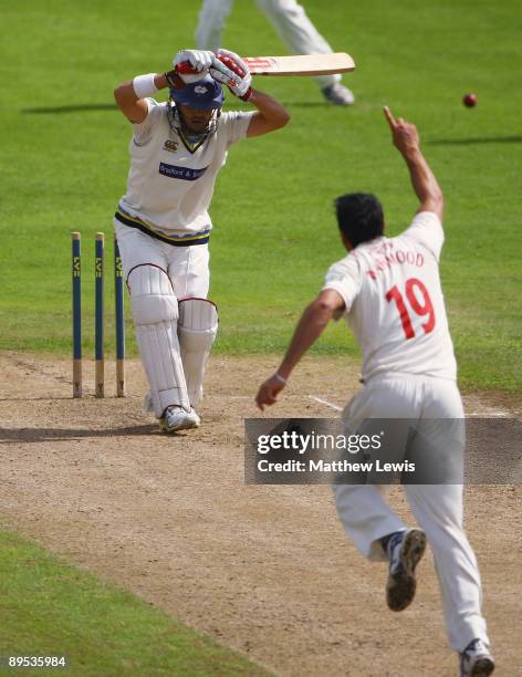 Sajid Mahmood of Lancashire bowls Jacques Rudolph of Yorkshire during the LV County Championship Division One match between Lancashire and Yorkshire...