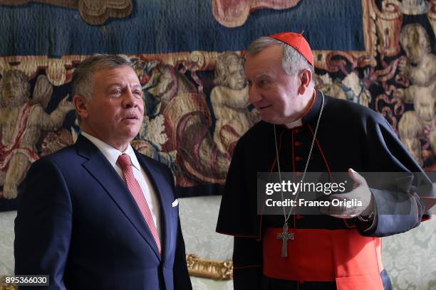 Vatican Secretary of State cardinal Pietro Parolin meets King Abdullah II of Jordan at the Apostolic Palace on December 19, 2017 in Vatican City,...