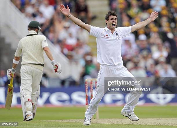 England bowler James Anderson celebrates dismissing Australian batsman Michael Clarke on the second day of the third Ashes cricket test between...