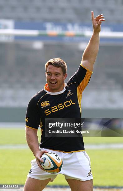 John Smit in action during training as he prepares to captain the Springboks for a world record 60th time during the South Africa Springboks...