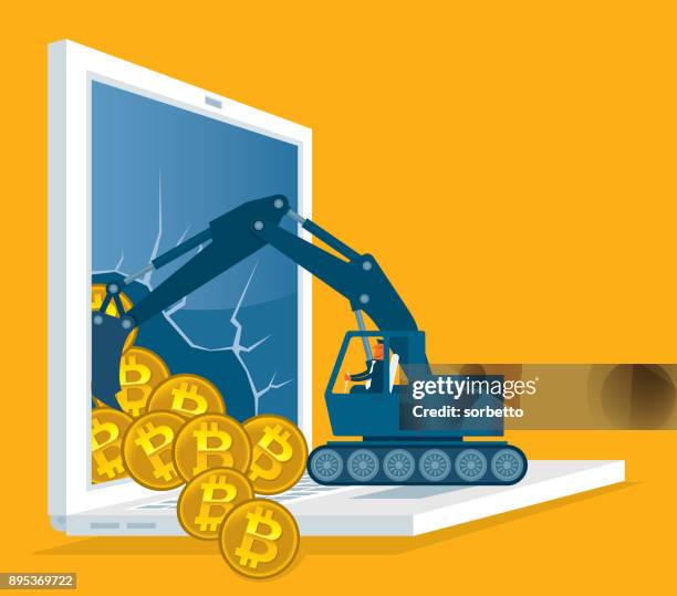 bitcoin mining - using bulldozer - entering data stock illustrations