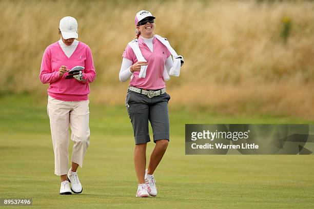Paula Creamer of USA walks with Catriona Matthew of Scotland on the 16th hole during the second round of the 2009 Ricoh Women's British Open...
