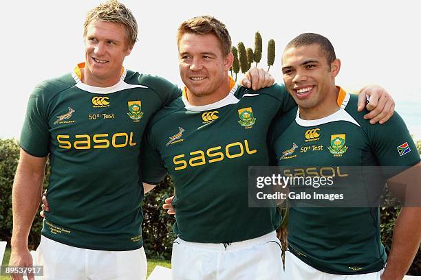 Jean de Villiers, John Smit and Bryan Habana during the Springboks training session held at the Beverley Hills Hotel on July 31, 2009 in Durban,...