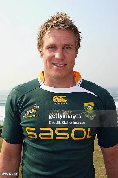 Jean de Villiers shiows off his jersey during the Springboks team training session held at the Beverley Hills Hotel on July 31, 2009 in Durban, South...