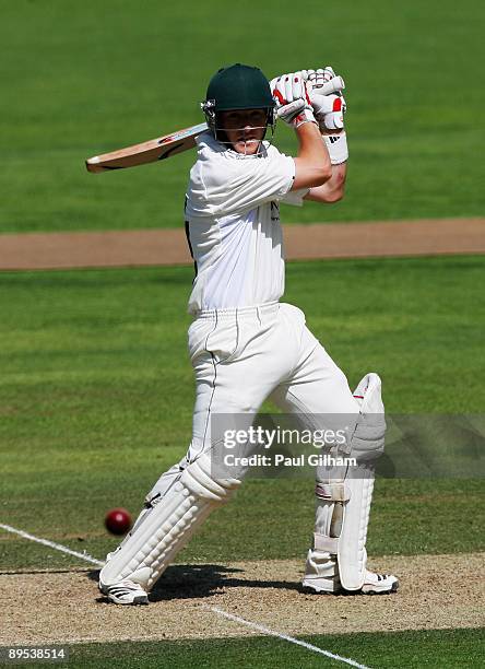 Greg Smith of Leicestershire hits out during day one of the LV County Championship Division Two match between Surrey and Leicestershire at The Oval...