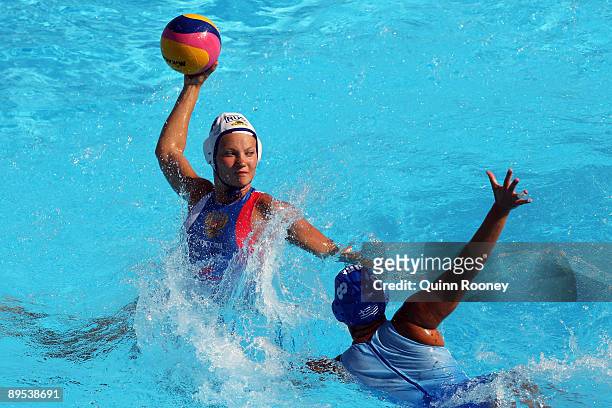 Evgenia Ivanova of Russia shoots and scores the winning goal in the final seconds in the Womens Water Polo Bronze Medal Match during the 13th FINA...
