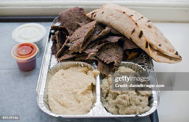 veal and lamb doner with hummus and baba ghanoush - donker stock pictures, royalty-free photos & images