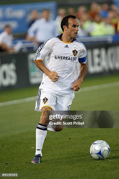 Landon Donovan of the Los Angeles Galaxy dribbles the ball against the Kansas City Wizards at Community America Ballpark in Kansas City, Kansas on...